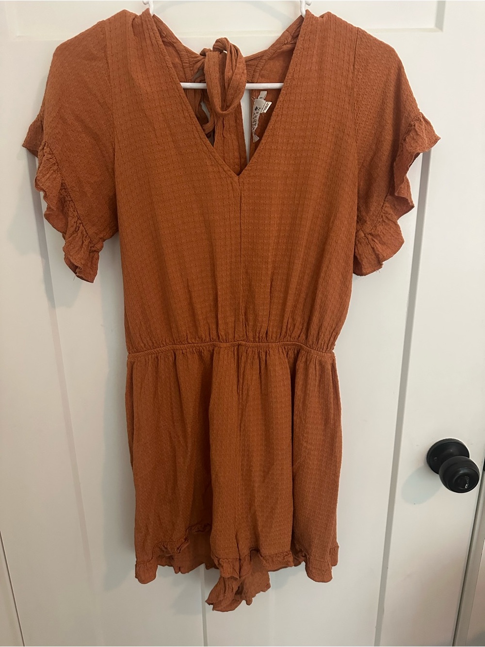 Molly Bracken Orange V-Neck Ruffle Sleeve Romper